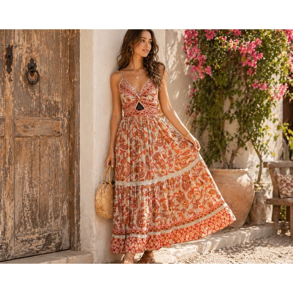 Boho Paisley Maxi Dress Women's Small Cutout Tie Front Festival Resort Sundress - Picture 1 of 5